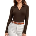 thumbnail image 2 of JYLFC Women's Long Sleeve Polo V Neck T Shirts Fall Ribbed Knit Slim Fitted Collared Tops, Brown M, 2 of 8