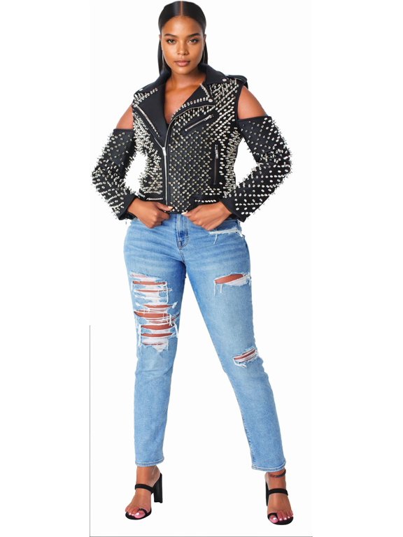 Moto Studded, Open Shoulders Pleather Motorcycle Jacket