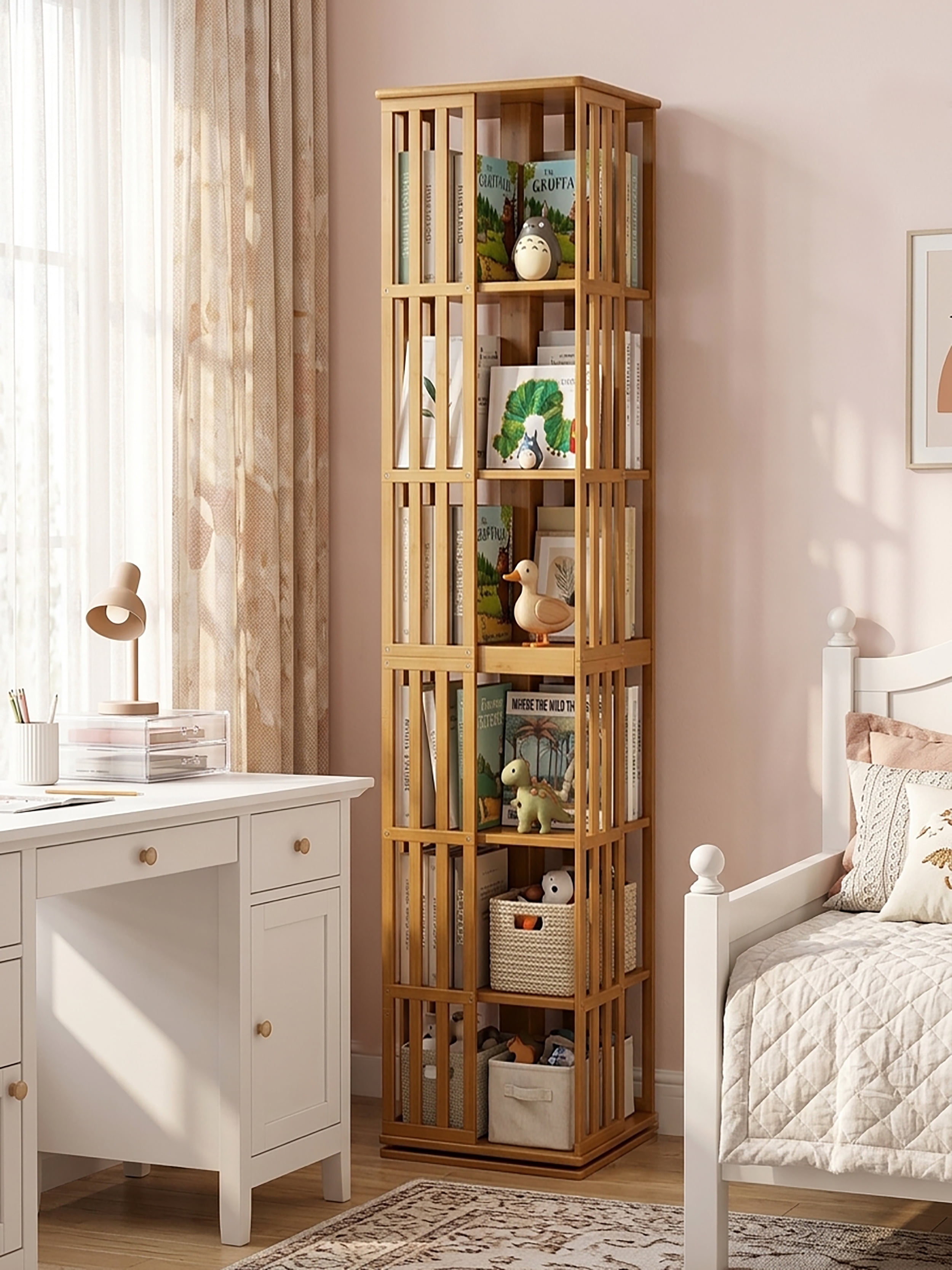 6-Tier 360° Rotating Bamboo Bookshelf Tower, Floor Standing Spinning Bookcase, Narrow Vertical Storage Rack for Kids Adults Home Office