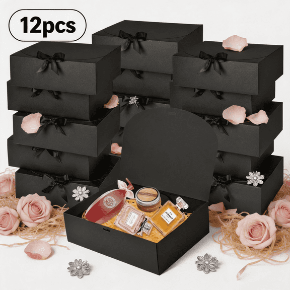 DECHISY 12Pack Black Gift Boxes with Lids, 12×9.8×3.1 in Groomsmen Proposal Box, Luxury Black Gift Box with Ribbon for Wedding, Birthday, Party Christmas,Bridesmaid Box,Graduation Gift