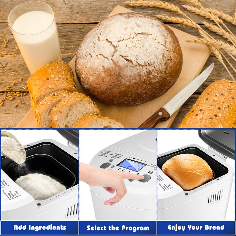 Nuolux Non-Stick Bread Maker 18 Programs 15H Max. Delay Timer Bread Machine 2lb Loaf Capacity 2 Crust Colors Household Bread Making Machine (White)