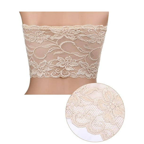 Women's Floral Lace Sexy Strapless See Through Bandeau Tube Top with Bra 