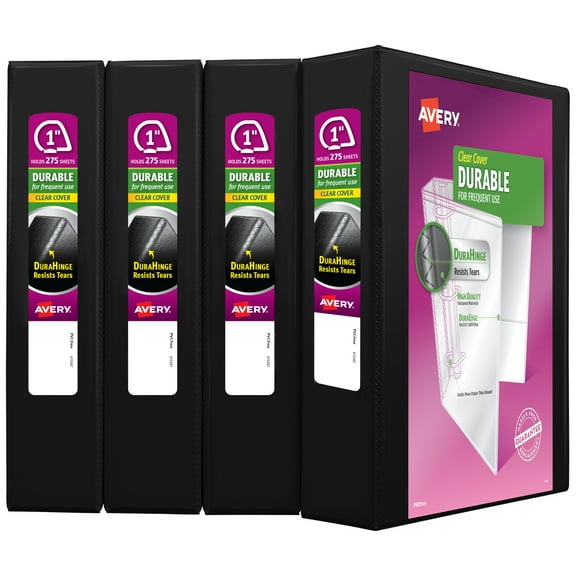 Avery Durable View Binders, 1 inch Rings, 4 Black Binders (29960)