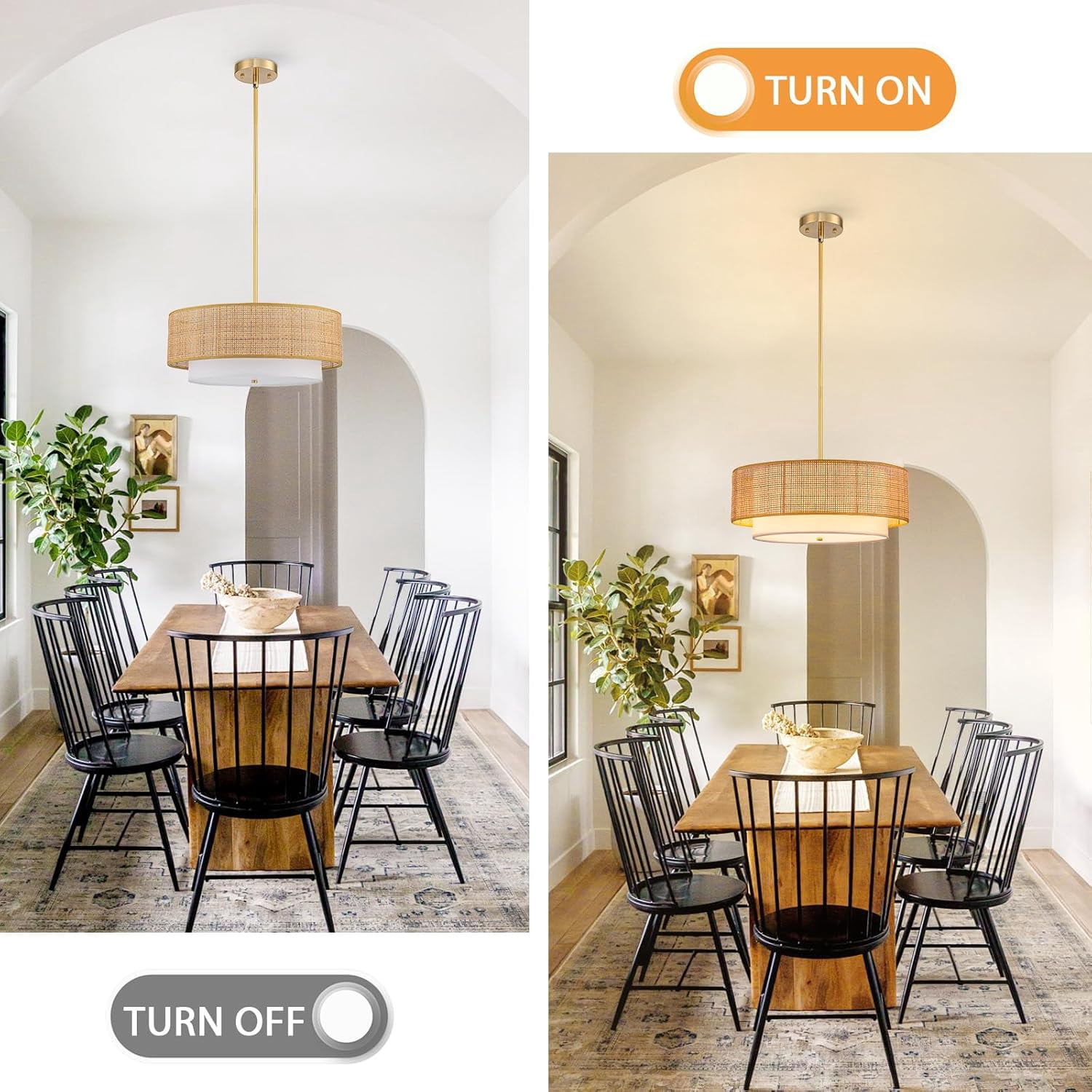 Bohemian Rattan Farmhouse Chandelier 3-Light Dimmable 18 Inch