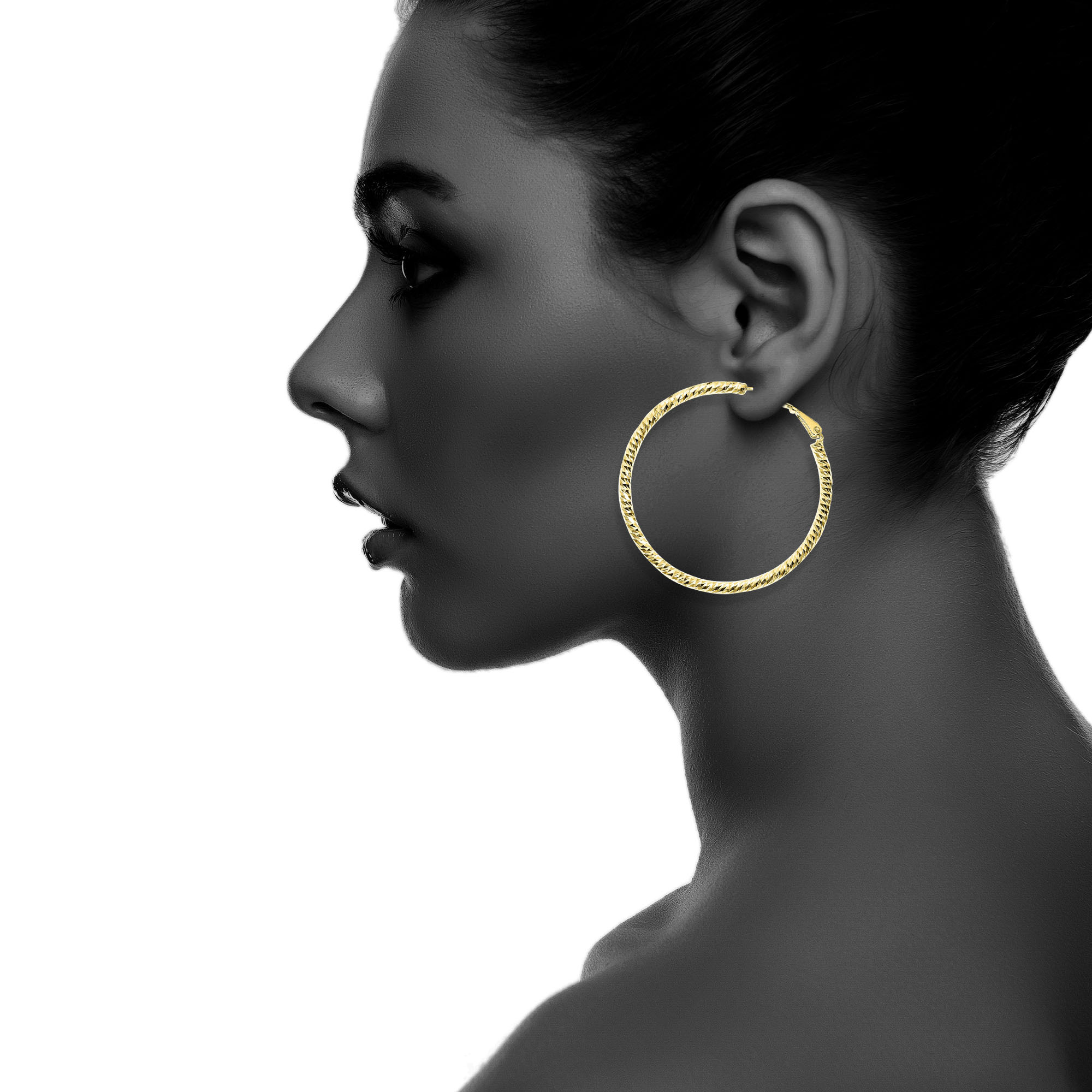 X & O Women's 14K Yellow Gold Plated 50mm Polished and Diamond Cut Hoop Earrings