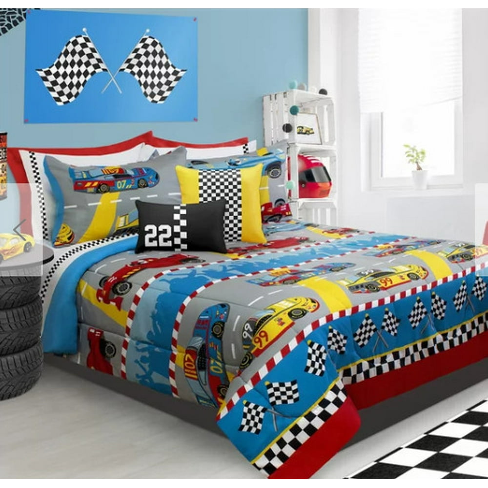 Race Cars Boys Full / Queen Comforter & Shams (3 Piece Bedding Set