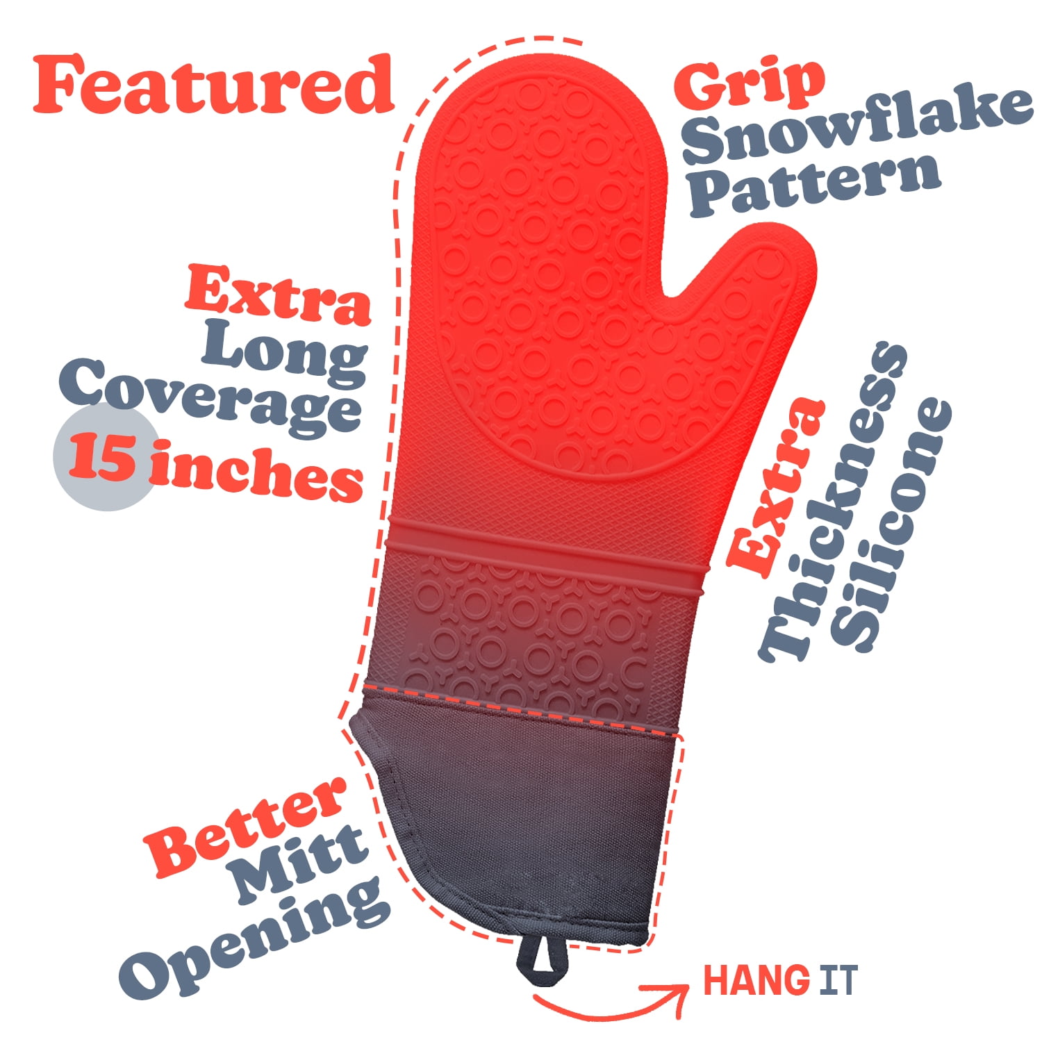 BPA-Free Soft Silicone Oven Mitts - Ultra Heat Resistant Oven Mitts with Thick Cotton Liner - Extra Long Slip Resistant Pot Holders, Flexible Oven Gloves - Gray 14.7"