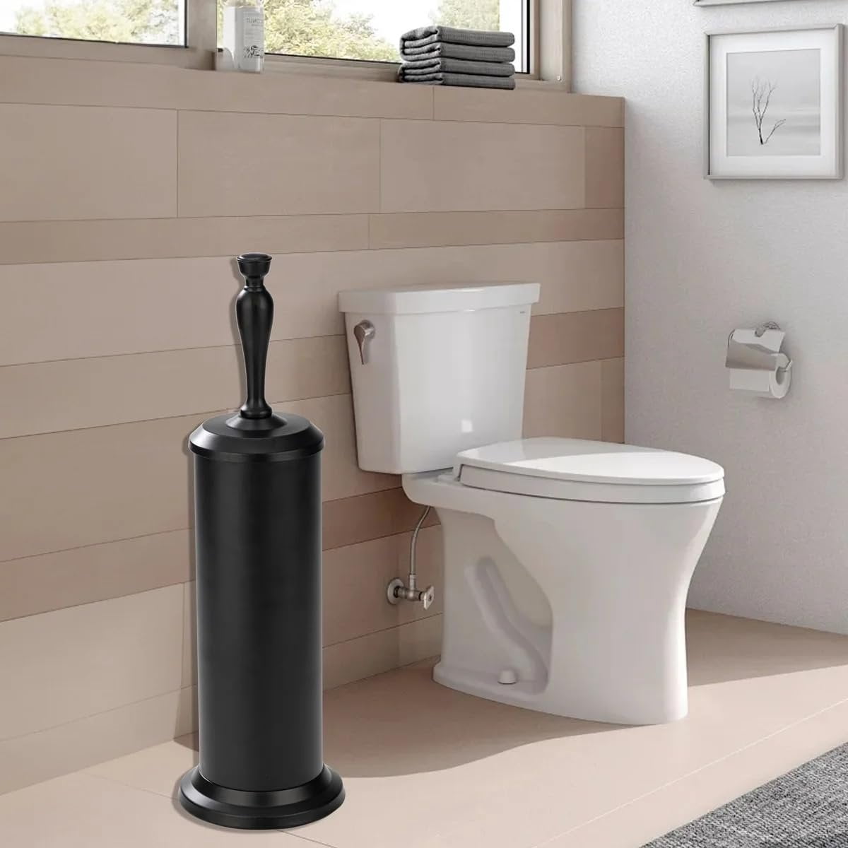 J&V TEXTILES Toilet Brush, Toilet Bowl Brush with Extra Long Handle Durable Bristles Toilet Scrubber and Covered Holder for Toilet Brush Set for Bathroom Cleaning Matte Black