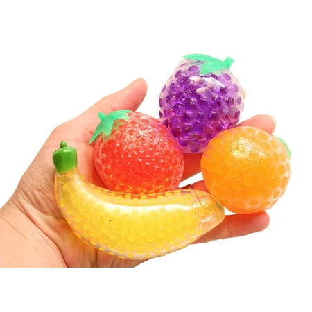 4 Fruit Water Bead Filled Squeeze Stress Balls - Fruit Squishy Toy - Sensory Fidget, Banana, Strawberry, Grapes, Orange