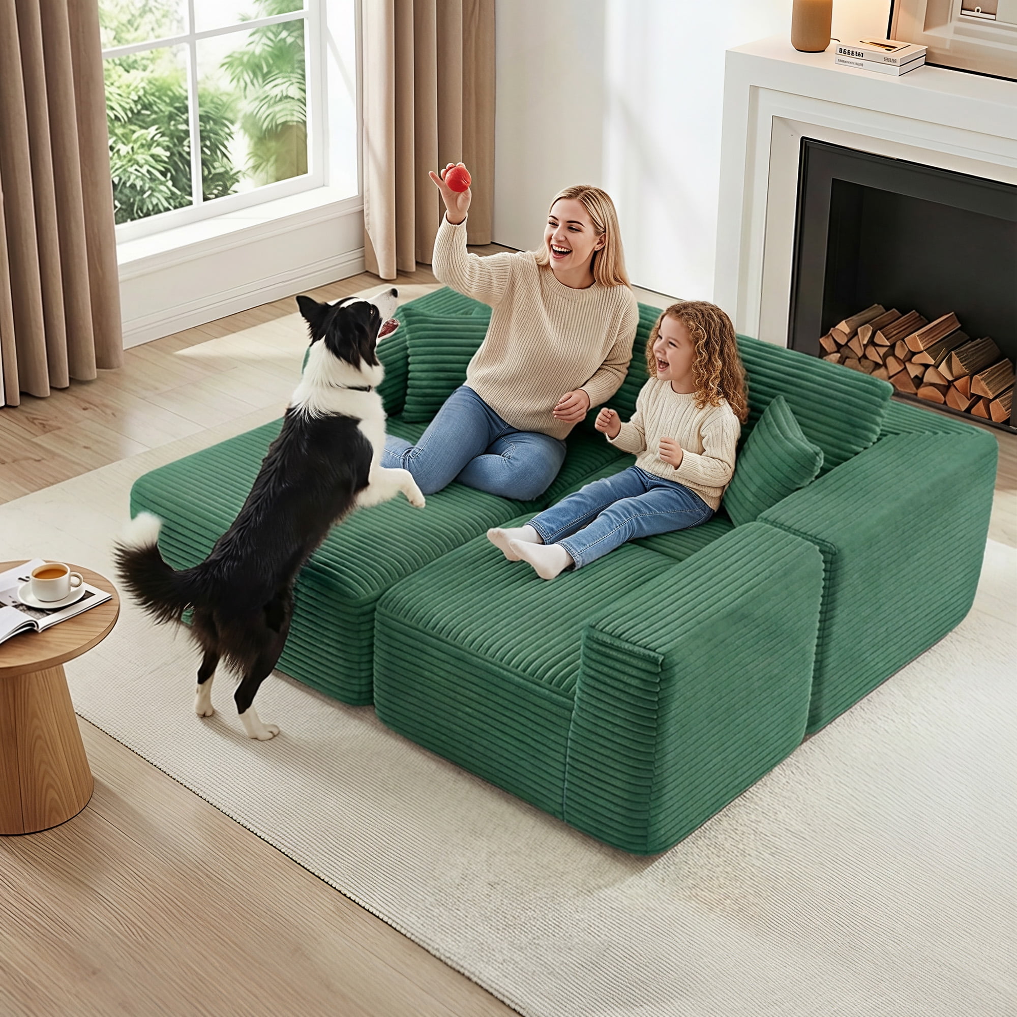 MAYEERTY Modern Corduroy Modular Sofa, Sectional Boneless Couches for Home, 104×67" Green