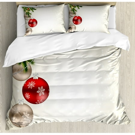 Christmas Bedding Sets Queen Size Christmas Queen Size Duvet Cover Set, Abstract Festive Celebration Icons Balls Coniferous Tree Branches Bowties, Decorative 3 Piece Bedding Set with 2 Pillow Shams, Beige Red Green, by Ambesonne ()