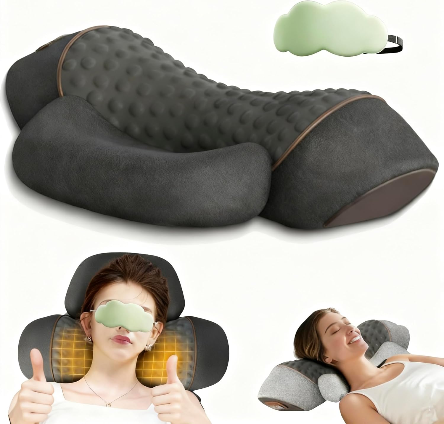 3-in-1 Neck Massager with Heat and Vibration, Black Memory Foam Cervical Pillow, Electric Traction Support for Pain Relief and Sleep Aid(Black,1PC)