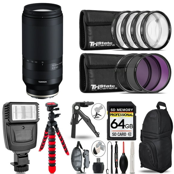 Tamron 70-300mm f/4.5-6.3 Di III RXD Lens for Sony E   Slave Flash   MACRO, UV-CPL-FLD - 64GB Accessory Bundle (International Version)