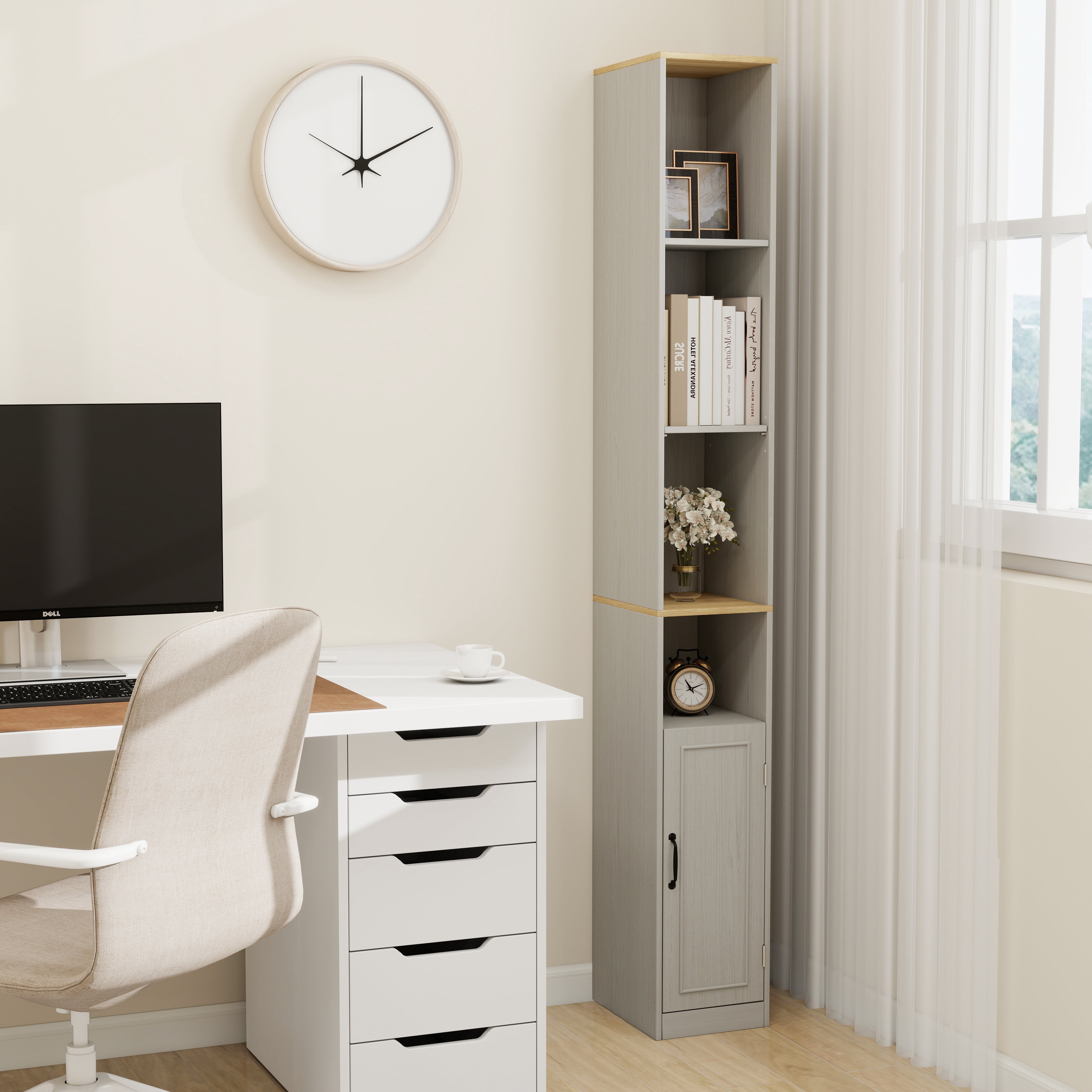 Leumius 72" Tall Bathroom Storage Cabinet,6-Tier Narrow Freestanding Bathroom Cabinet with 1 Door and 2 Adjustable Shelves,Tall Cabinet for Small Space,Living Room,Kitchen,Antique White