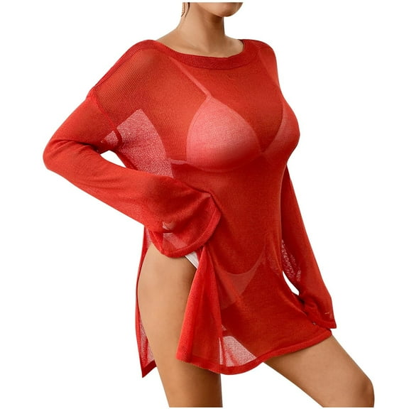 PuLe Long Sleeve Shirts for Women Womens Long Sleeve Swimsuits Cover Ups Sexy Crew Neck See Through Crochet Knit Bikini Coverup
