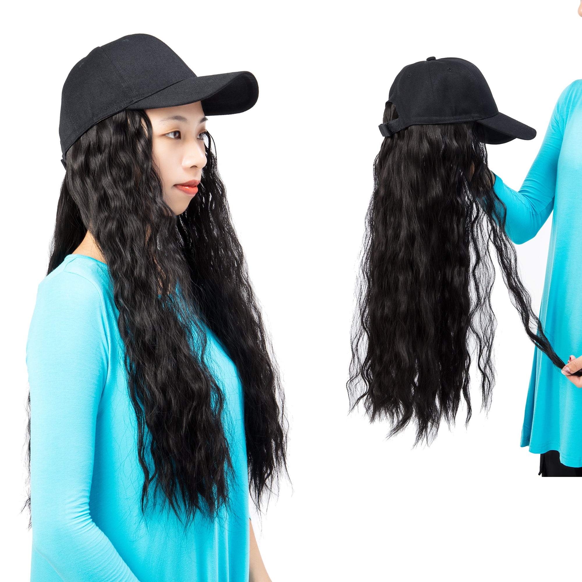Adjustable Baseball Cap with Attached Long Black Hair Rasta Braids with Beads