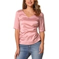 thumbnail image 1 of Blusa de satén INSPIRE CHIC para mujer, con cuello en V, mangas cortas, fruncido y lazo en la parte posterior, tops casuales de oficina M Rosa, 1 of 5