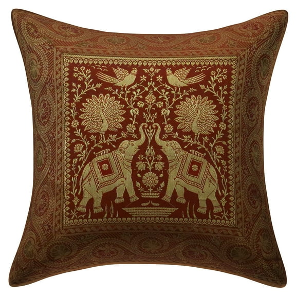 Stylo Culture Indian Couch Throw Pillow Cover 16 x 16 Jacquard Peacock Rust Square 40 x 40 cm Bedroom Decor Pillowcase Brocade Elephant Zippered Cushion Cover | 1 Pc
