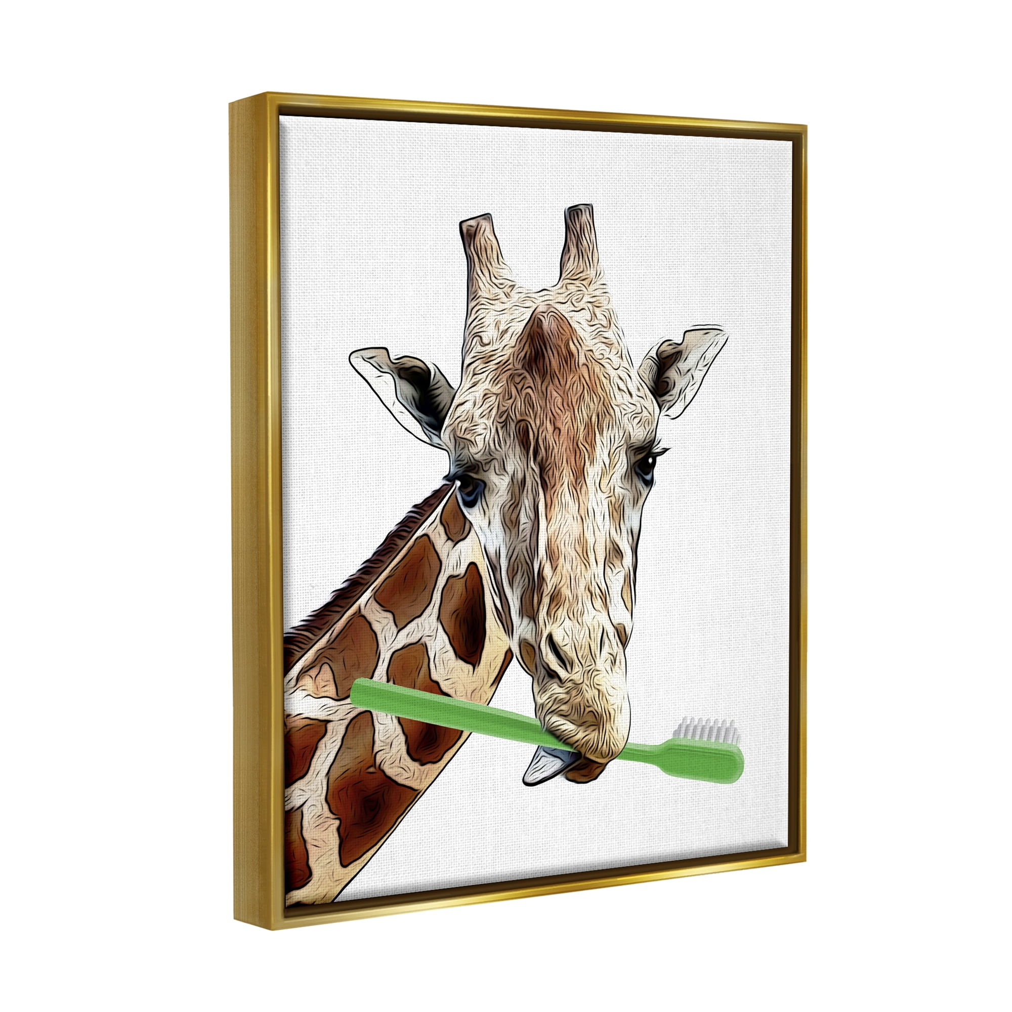 Stupell Industries Giraffe Green Toothbrush Bathroom Animals & Insects Painting Gold Floater Framed Art Print Wall Art