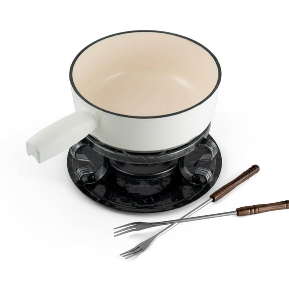 Swissmar Lugano 9 Piece Cast Iron Cheese Fondue Set, 2 QT / 2 L – Matte White, Perfect for Melting Cheese & Holiday Gifting