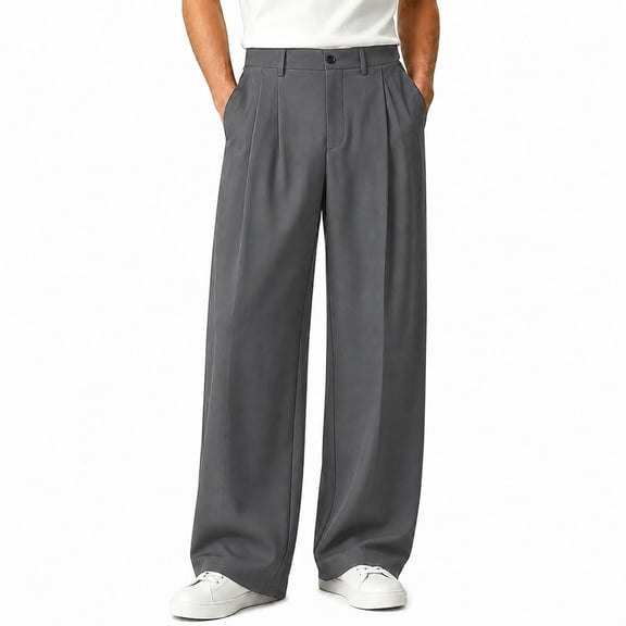 Mens Classic Fit Dress Pants Black Pleated Trousers Loose Fit Dress Pants with Draping Streetwear Straight Wide Leg Pants