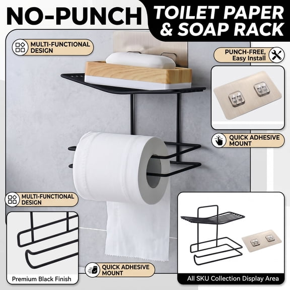 No-Drill Wall Mounted Toilet Paper Holder with Soap Shelf, 5.6 x 3.2 x 7.3 Inch Iron, Bathroom Tissue Dispenser and Storage(Black)