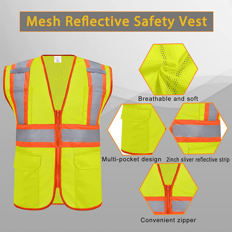 Reflective Vest Class 2 Safety Vests ANSI with 4 Pockets Zipper High  Visibility Construction Uniform