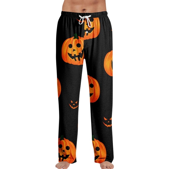 Mens Pajama Pants for Halloween, Loose Fit Lounge Bottoms with Festive Print, Black L