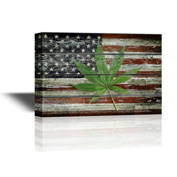 wall26 - Canvas Wall Art - Green Leaf on Vintage Wooden Style American Flag - Gallery Wrap Modern Home Art | Ready to Hang - 32x48 inches