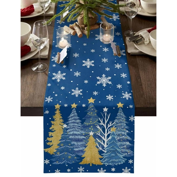 Blue Christmas Tree Dresser Scarf Farmhouse, Dining Table Decorations for Wedding/Parties, Blue Golden Xmas Tree Snowflake Winter Table Runner 72 Inches Long for Kitchen Dining, 18 x 72 In