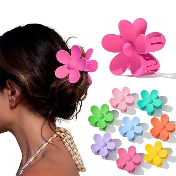 8 PCS Flower Hair Claw Clips for Women Thick Hair, Cute Large Daisy Non-Slip Hair Clips Strong Hold Thin Hair Accessories for Vocation In Summer (Set-1（8Pcs）)