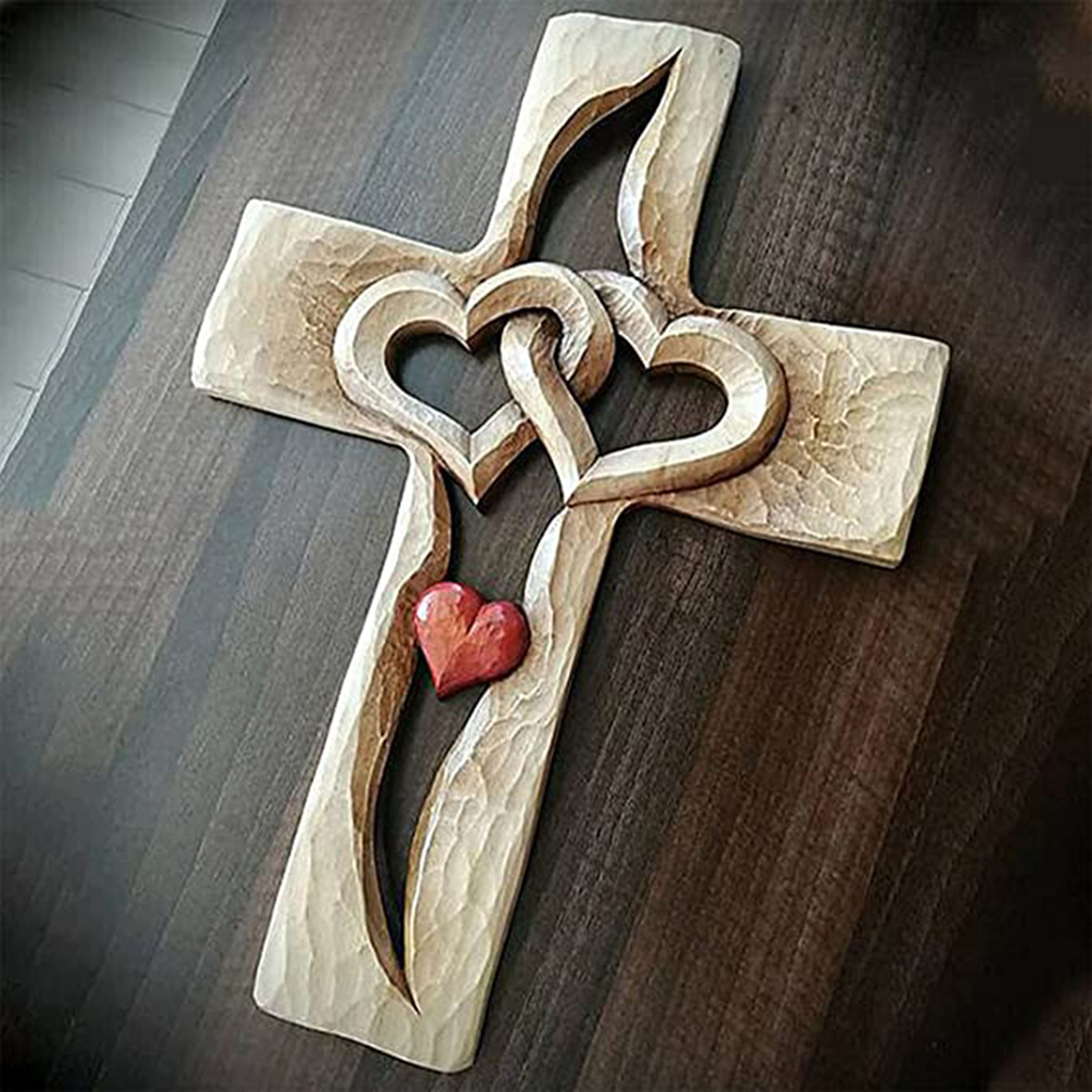 Papaba Carved Wooden Cross,Love Cross Antique Carved Wood Intertwined  Hearts Delicate Cross Home Decor 