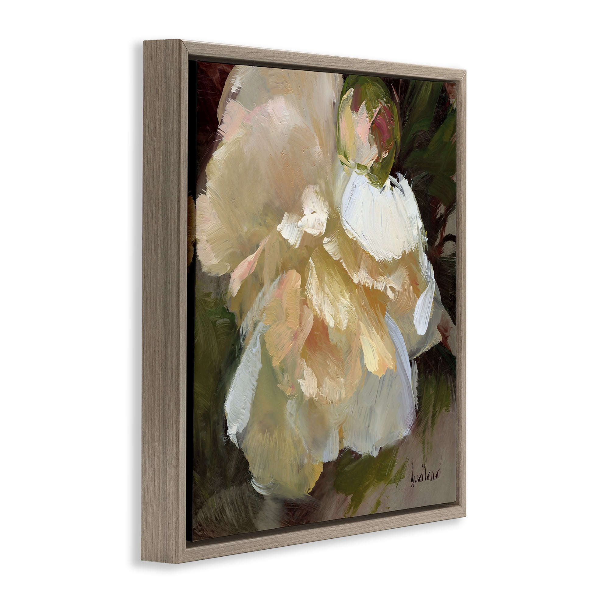 Stupell Industries Ruffled White Flower Plants & Flowers Painting Brown Floater Framed Canvas Art Print Wall Art, 18 x 18