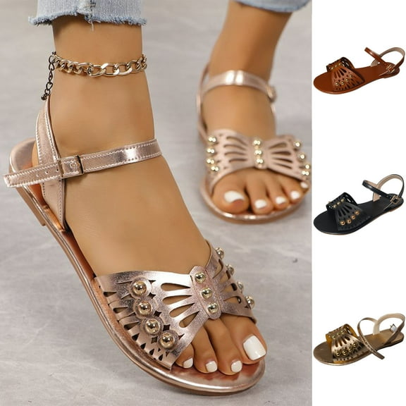 Clearance under 10 Summer Sandals for Women 2025 Large Size Hollowed Out Flat Bottom Buckle Sandals Ethnic Style Nails External Wear Lightweight Beach Sandals