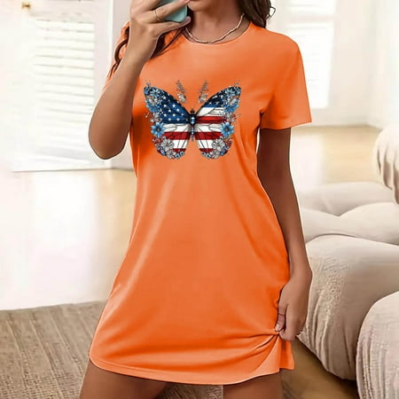 

Teocary Independence Day 4th of July Women s Oversized Short Nightgown Fashion Chest Print Short Sleeve Nightdress Orange XL