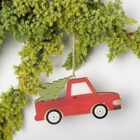 Wooden Red Truck Carrying A Tree Ornament