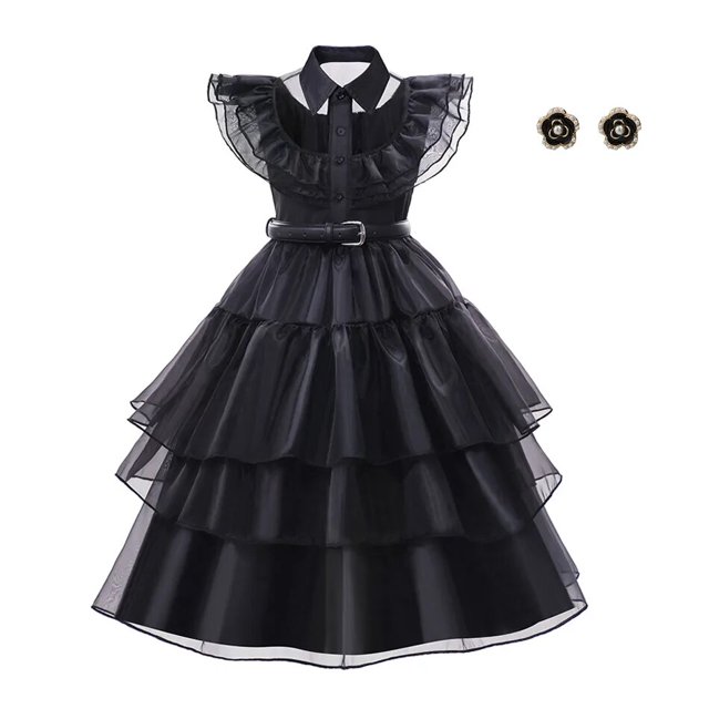 Vestido negro fruncido para baile de graduación para adolescentes y niñas, traje de Cosplay para niños grandes, disfraz familiar de Halloween Addams, Túnica gótica