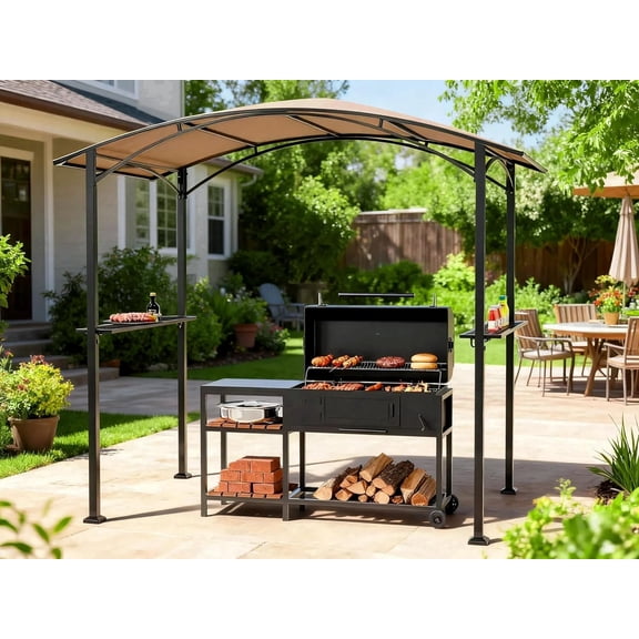 8x5 Metal Grill Gazebo - Outdoor BBQ Canopy Shelter with 2 Side Shelves for  Backyard Grilling and Barbecue Picnic, Brown