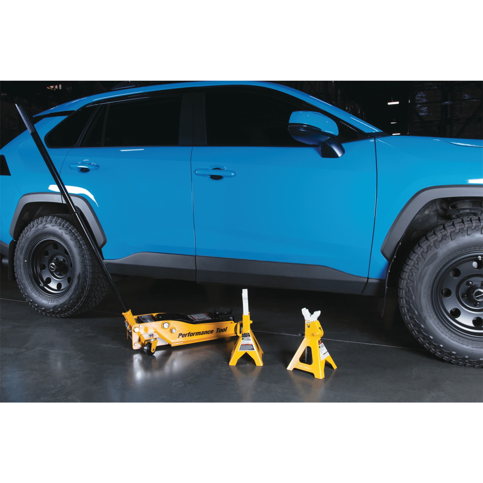 Performance Tool W1605 2-Ton Trolley Jack & Jack Stands - Enamel Finish, 4,000 Lbs. Capacity, Carrying Handle, Heavy Duty - Yellow