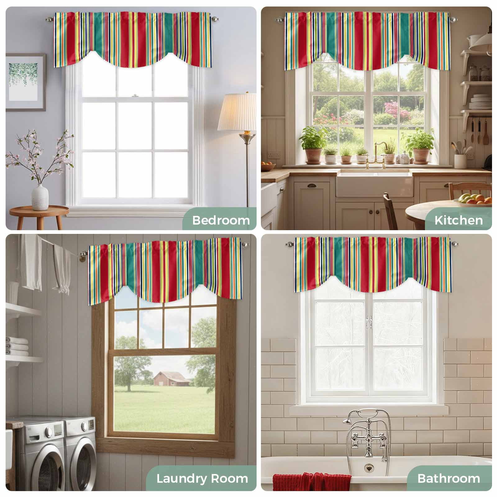 Colored Stripes Tie Up Valances Curtain, Adjustable Kitchen Abstract Red Teal Yellow Vertical Stripe Modern Valances for Windows Decor, Rod Pocket Short Curtains Set for Bedroom/Bathroom, 60"x18"