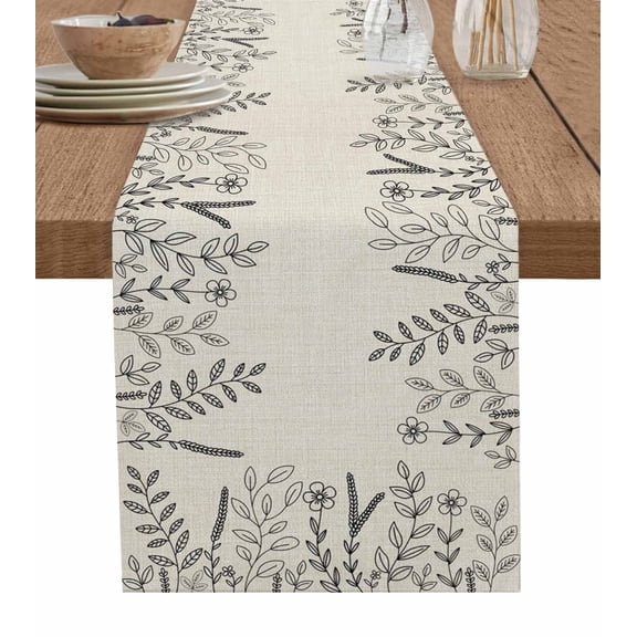 Black Beige Botanical Table Runner 72 Inches, Eucalyptus Leaves Abstract Art Bed Runner Dresser Scarves Tabletop for Indoor Outdoor Parties/Ceremony/Banquet, 16" x 72"