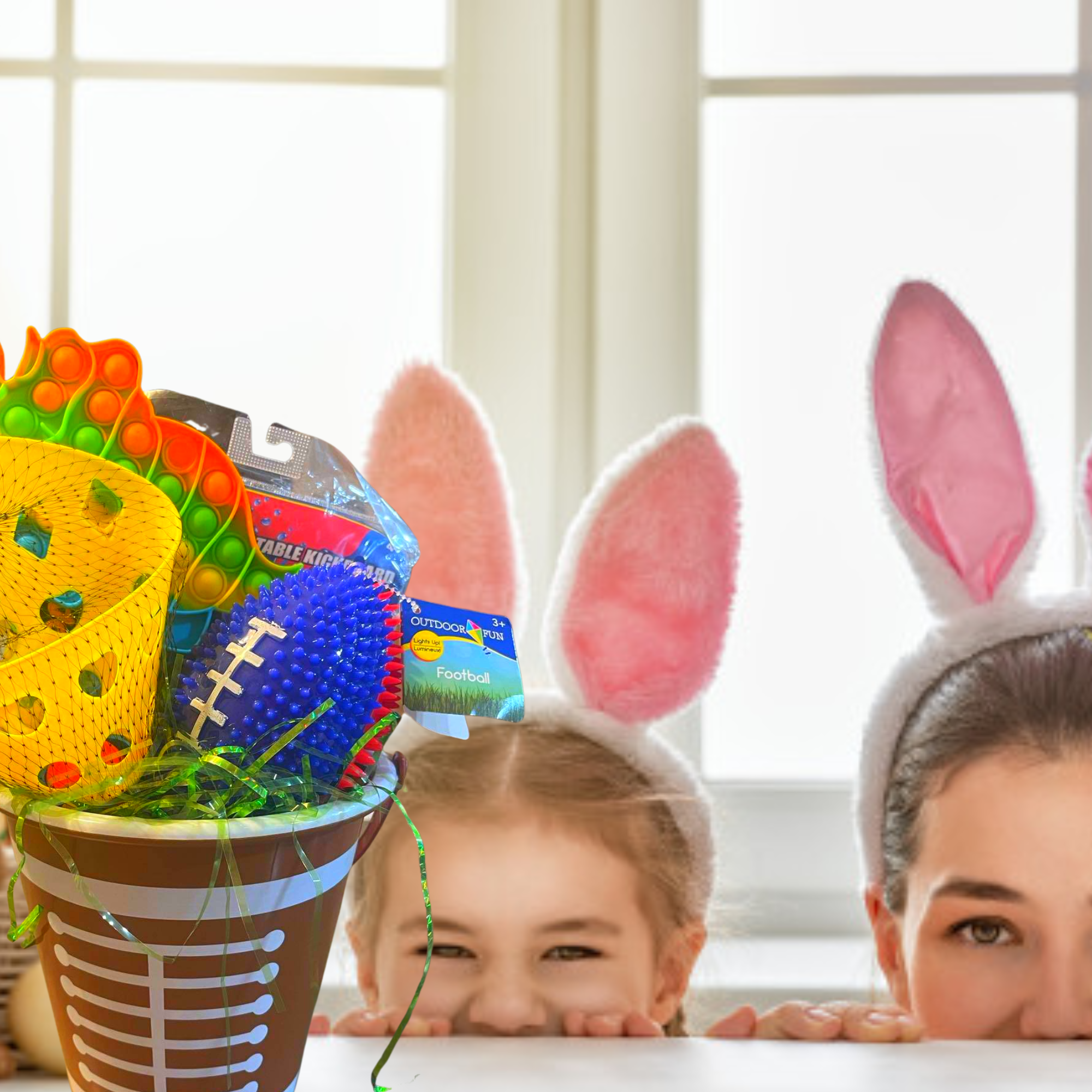 Easter Gift Basket with Inflatable Kickboard, Launch and Catch Ball Toys Two-Tone Football Easter Candies & Reusable Bucket for Boys Holiday Summer Outdoor Fun Gifts (Contents Vary)