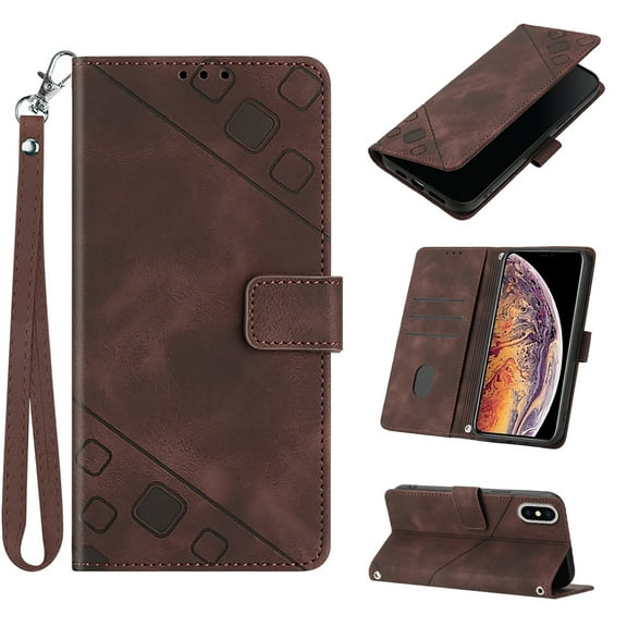 Feishell for Apple iPhone XS Max 6.5 inch Wallet Case with Wrist Strap,Flip Cover with Embossed Pattern PU Leather Kickstand Credit Card Slots Magnetic Clasp Folio Purse Phone Case,Brown