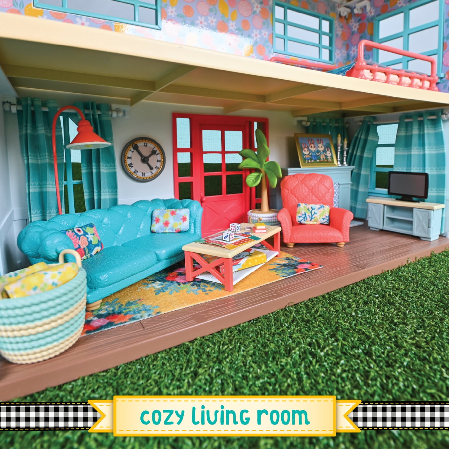 Honey Bee Acres Cozy Living Room Décor – 28 Piece Dollhouse Furniture & Accessories - Miniature Playset with Couch, Chair, Fireplace & More - Kids 3+