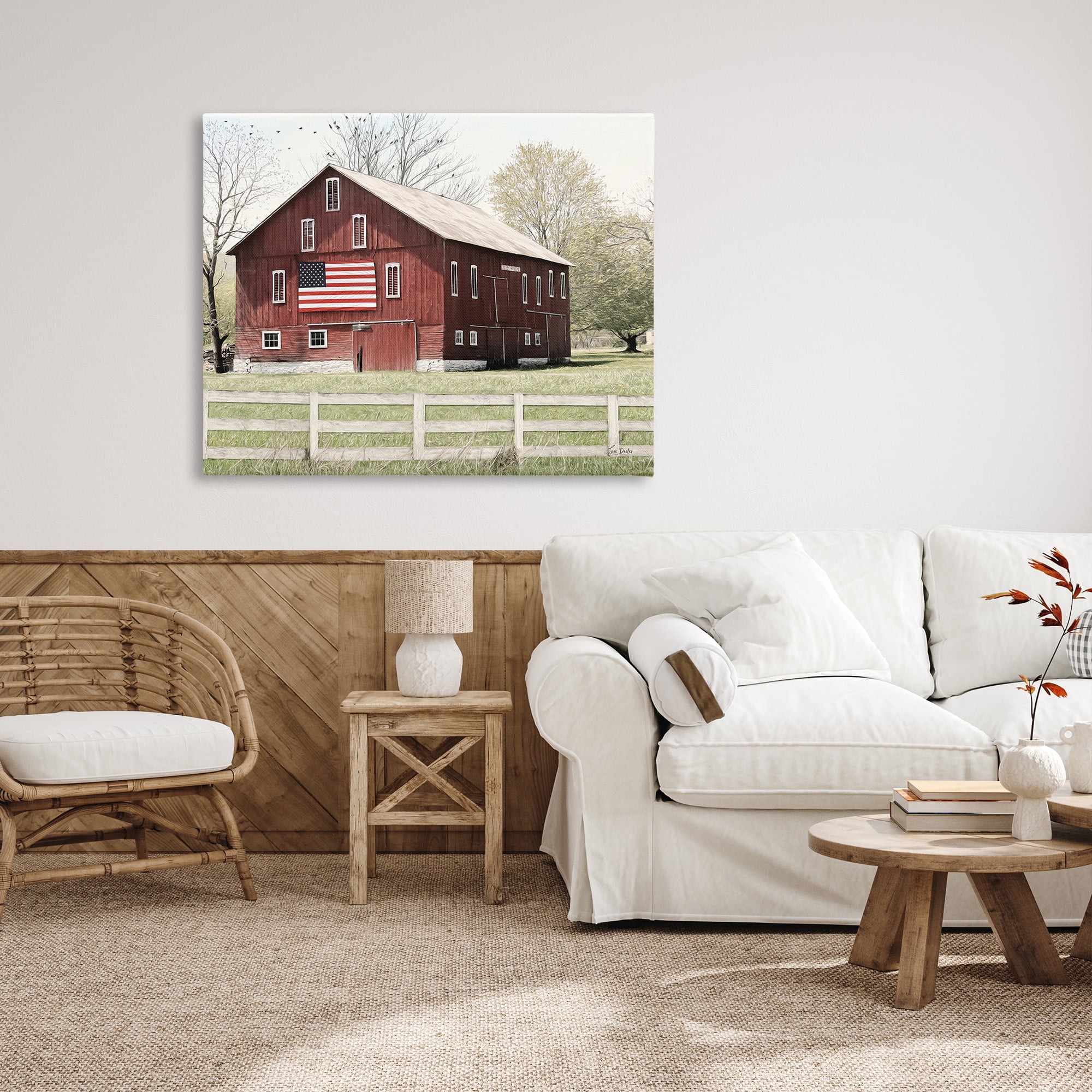 Stupell Industries Patriotic Barn Flag Landscape Painting Gallery Wrapped Canvas Art Print Wall Art, 48 x 36