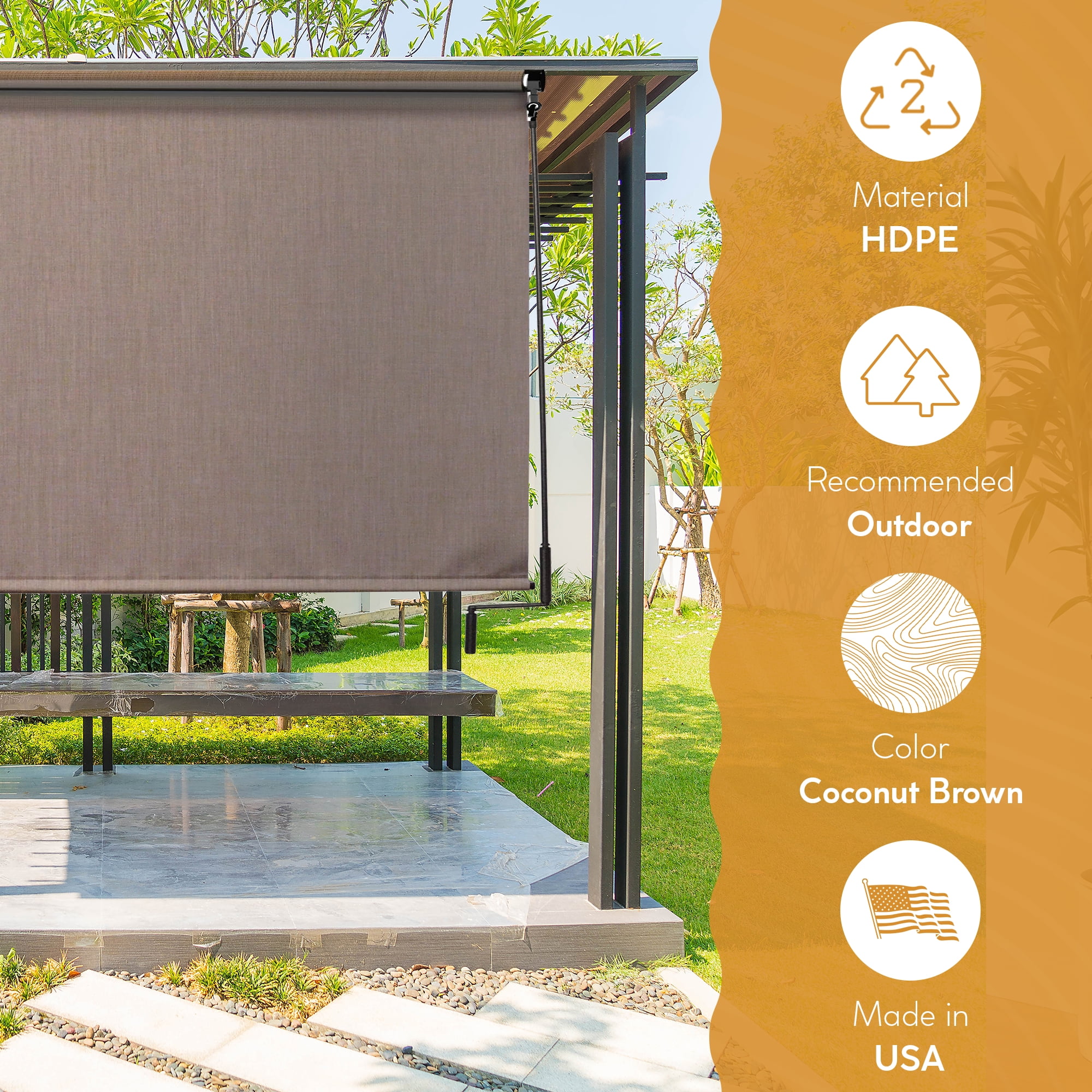 Radiance Patio Sun Shade, Exterior Cordless Blinds, Coconut Brown, 72" x 72"