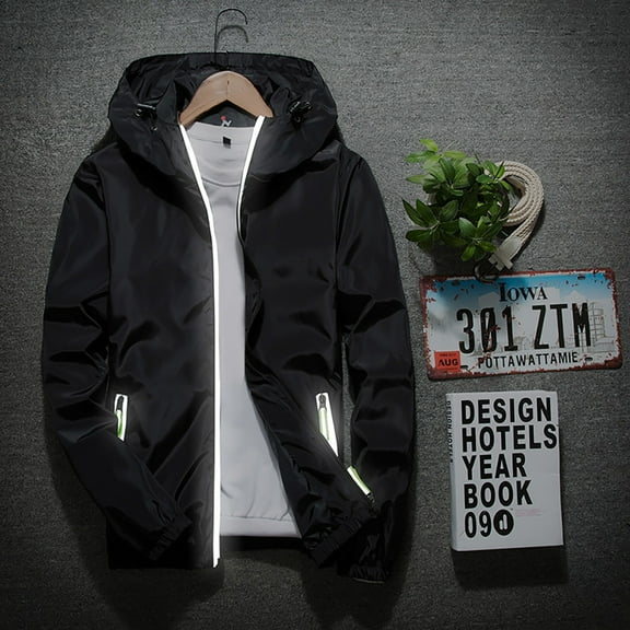 Cuhas Mens Coats and Jackets Casual Color Plus Size Hoodie Reflective Zipper Outdoor Sport Coat Black 5X