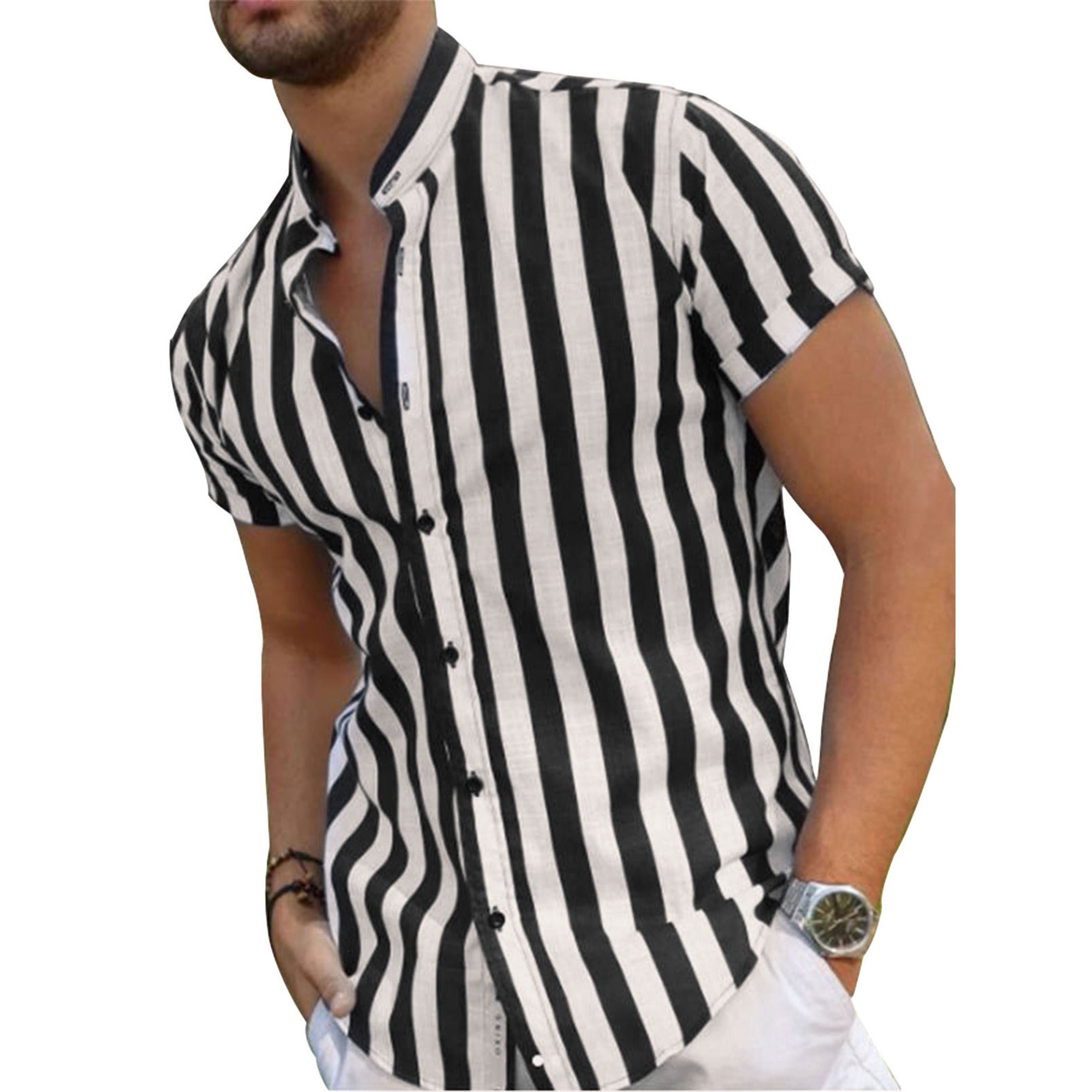ZAXARRA Men 's Short Sleeve Knit Shirt Vintage Stripe Lapel Collar Polo  Button-Down Shirt, Black White Stripe