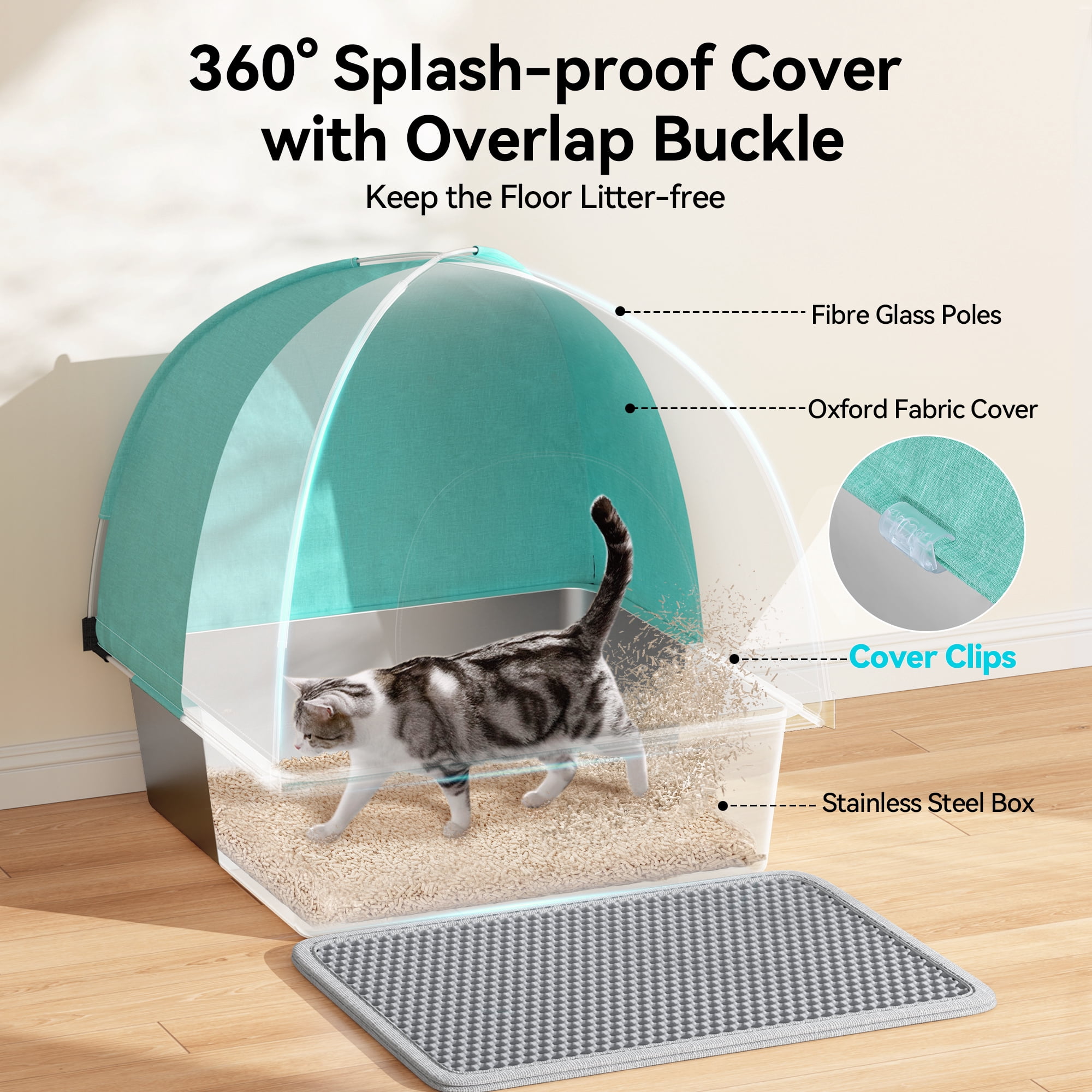 Stainless Steel Cat Litter Box with High-Sided Oxford Fabric Cover,Extra Large Square,Easy to Clean