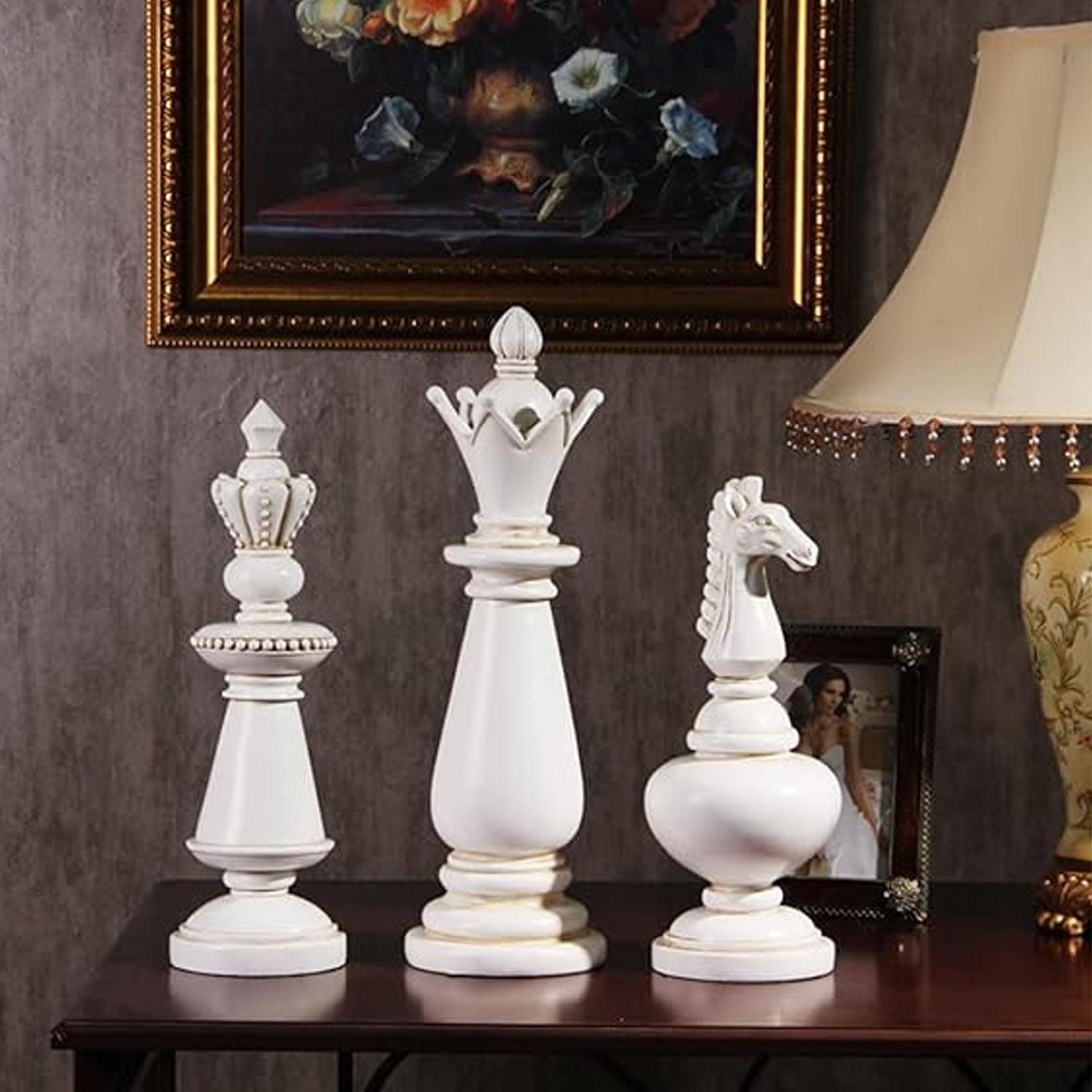 Chess King Queen & Horse Sculpture in White Canadian Furniture (Set of 3)